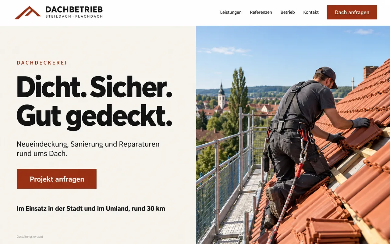 Designkonzept Dachbetrieb am Desktop: Dachdecker auf einem Ziegeldach, Überschrift Dicht. Sicher. Gut gedeckt., Hinweis auf das Einsatzgebiet