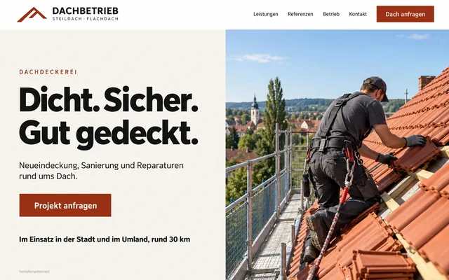 Startseite aus dem Designkonzept für einen Dachbetrieb mit großem Dachfoto, Überschrift und Hinweis auf das Einsatzgebiet