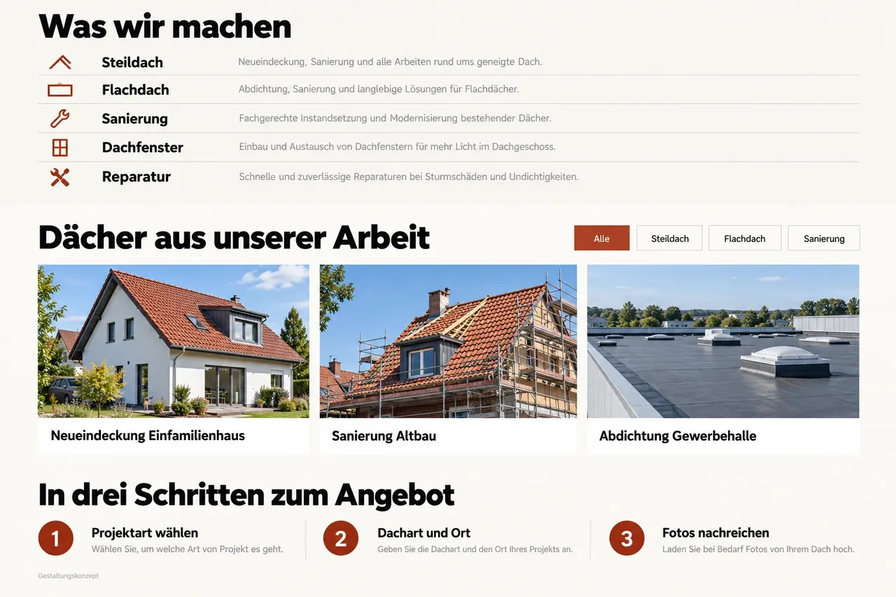 Designkonzept Dachbetrieb am Desktop, weiter unten: Leistungsliste, Referenzgalerie mit Filtern und Anfrage in drei Schritten