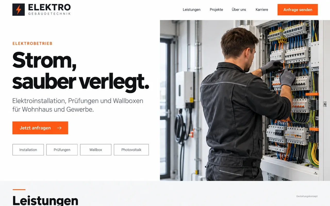 Designkonzept Elektrobetrieb am Desktop: Elektriker am Verteiler, Überschrift Strom, sauber verlegt, oranger Anfrageknopf und Leistungsschlagworte