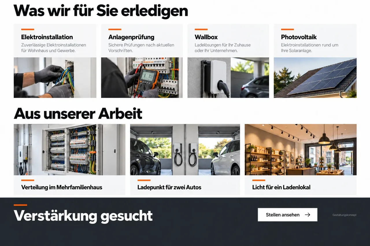 Designkonzept Elektrobetrieb am Desktop, weiter unten: vier Leistungskarten mit Fotos, drei Projekte und ein dunkler Abschnitt Verstärkung gesucht