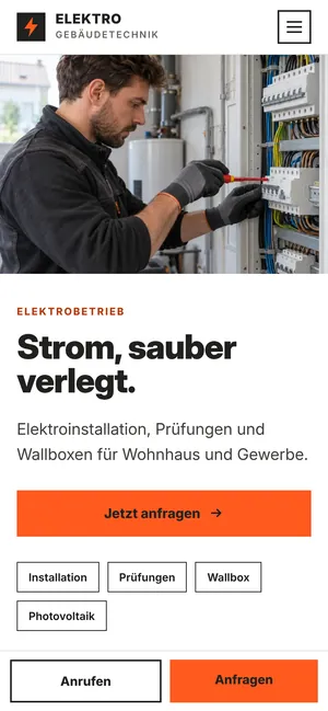 Designkonzept Elektrobetrieb auf dem Handy: Foto oben, darunter Überschrift, Anfrageknopf und feste Leiste mit Anrufen und Anfragen