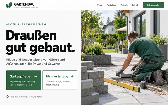 Designkonzept Garten- und Landschaftsbau am Desktop: Überschrift Draußen gut gebaut, zwei Einstiege für Gartenpflege und Neugestaltung, daneben ein Foto vom Verlegen von Terrassenplatten