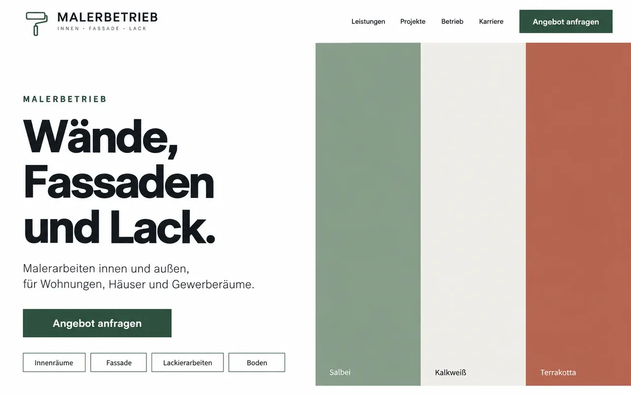 Designkonzept Malerbetrieb am Desktop: Überschrift Wände, Fassaden und Lack, grüner Anfrageknopf und drei Farbflächen in Salbei, Kalkweiß und Terrakotta
