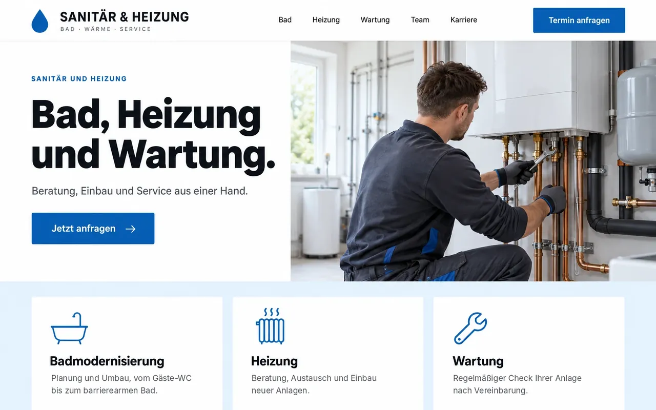 Designkonzept Sanitär- und Heizungsbetrieb am Desktop: Installateur an Rohrleitungen, Überschrift Bad, Heizung und Wartung, drei Leistungskacheln
