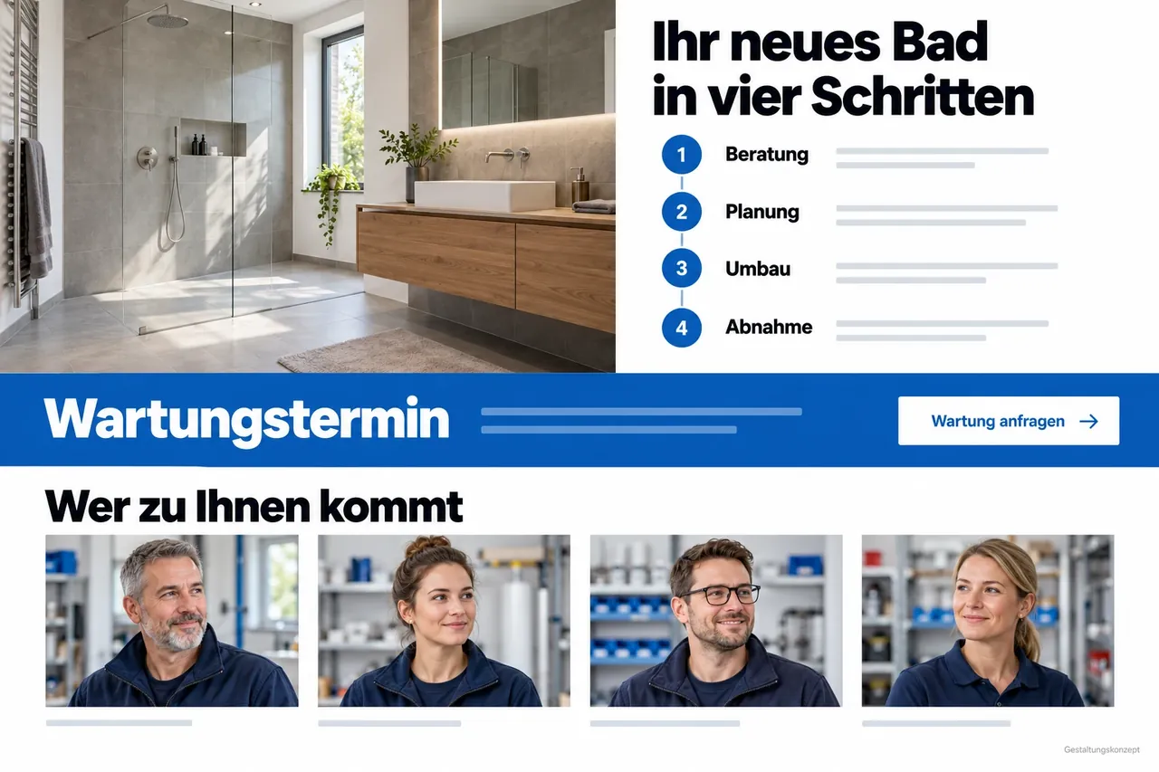 Designkonzept Sanitär- und Heizungsbetrieb am Desktop, weiter unten: Badfoto mit vier Schritten, Abschnitt Wartungstermin und vier Teamfotos