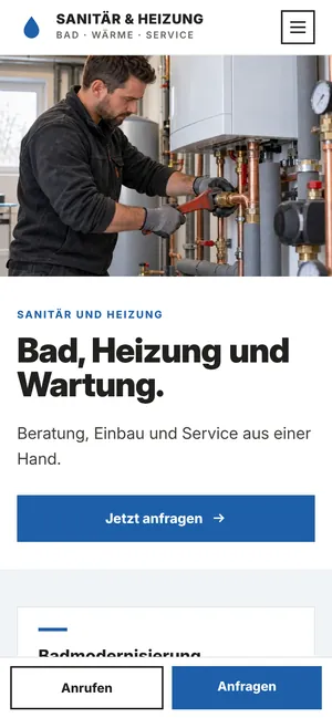 Designkonzept Sanitär- und Heizungsbetrieb auf dem Handy: Foto oben, Überschrift, blauer Anfrageknopf und feste Leiste mit Anrufen und Anfragen