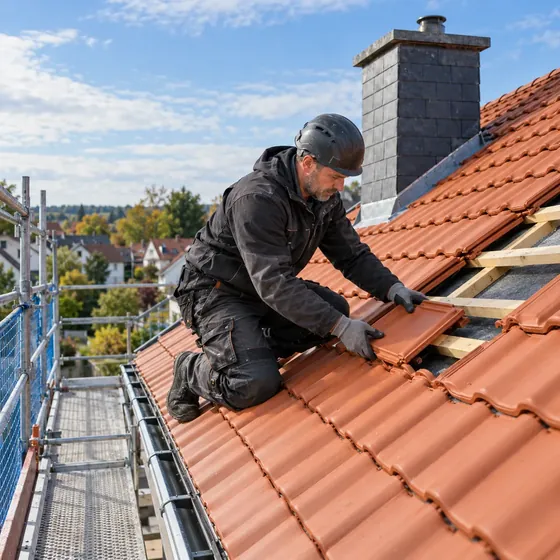 Dachdecker arbeitet auf einem steilen Ziegeldach neben dem Schornstein