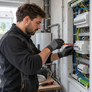 Elektriker verdrahtet einen geöffneten Verteilerschrank