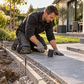 Garten- und Landschaftsbauer verlegt Natursteinplatten auf einer Terrasse
