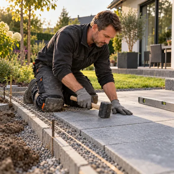 Garten- und Landschaftsbauer verlegt auf einer Terrasse graue Natursteinplatten mit dem Gummihammer, daneben Wasserwaage und Richtschnur