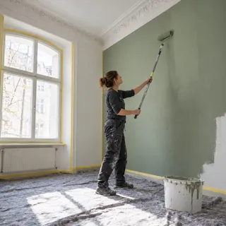Malerin streicht in einem Altbauzimmer eine Wand mit der Farbrolle in Salbeigrün