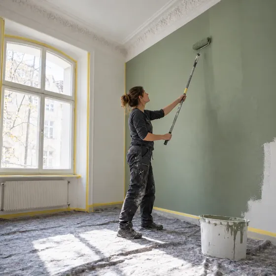 Malerin streicht in einem Altbauzimmer mit Stuck eine Wand mit der Farbrolle in Salbeigrün, der Boden ist mit Vlies abgedeckt