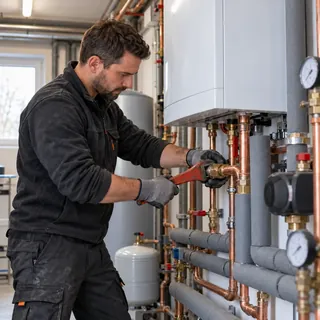 Installateur montiert Rohrleitungen an einer Heizungsanlage