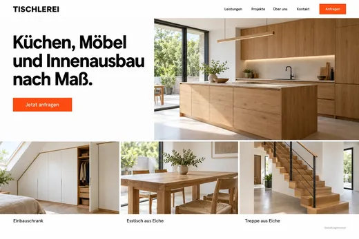 Designkonzept: Startseite einer Tischlerei mit Überschrift Küchen, Möbel und Innenausbau nach Maß, Foto einer Eichenküche und drei Projektfotos