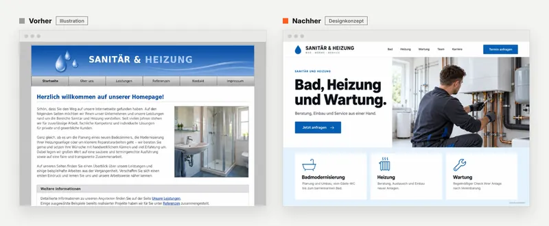 Illustration eines Relaunchs: links eine veraltete Startseite mit grauer Menüleiste, langem Begrüßungstext und kleinem Badfoto, rechts ein aufgeräumtes Designkonzept mit großem Foto und klaren Leistungsbereichen